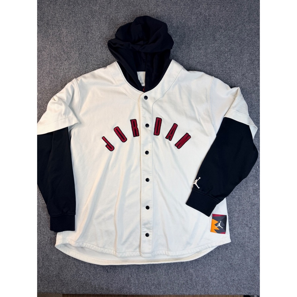 Jordan Mens XXL White Black Hooded Baseball Jersey Mesh Snap Front Shacket June - Picture 1 of 8